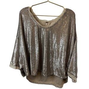 Free People‎ Sequin Tan Silver Oversized Top Size Large